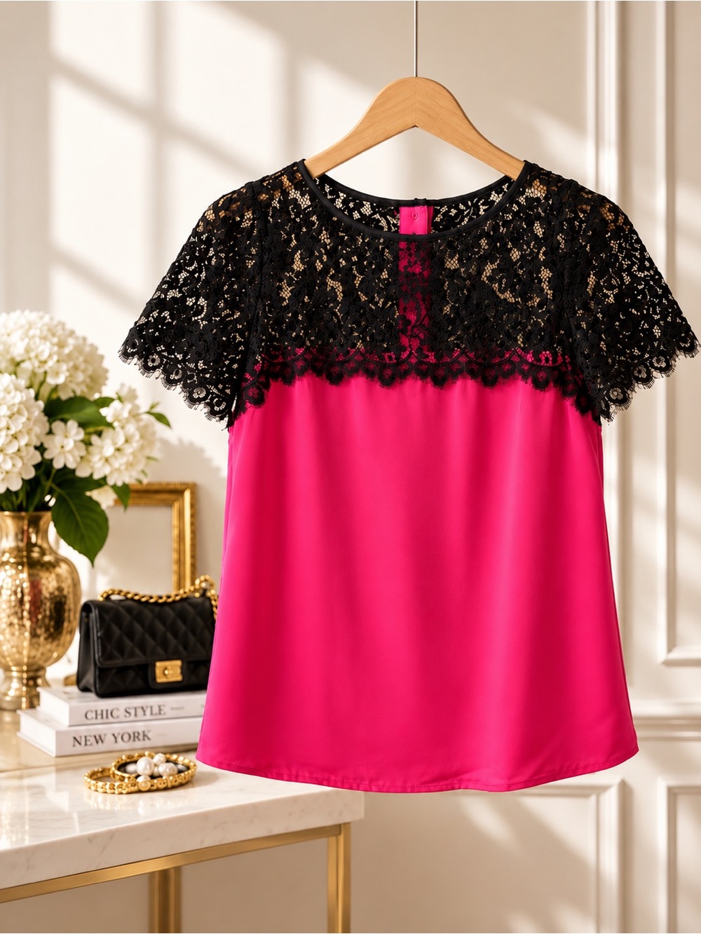 Milly New York 100% Silk Fuchsia Black Lace Blouse NWT Short Sleeve Size 8